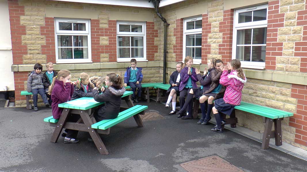 Ribble Picnic Table and Benches in Recycled Plastic at Belmont School, Bolton